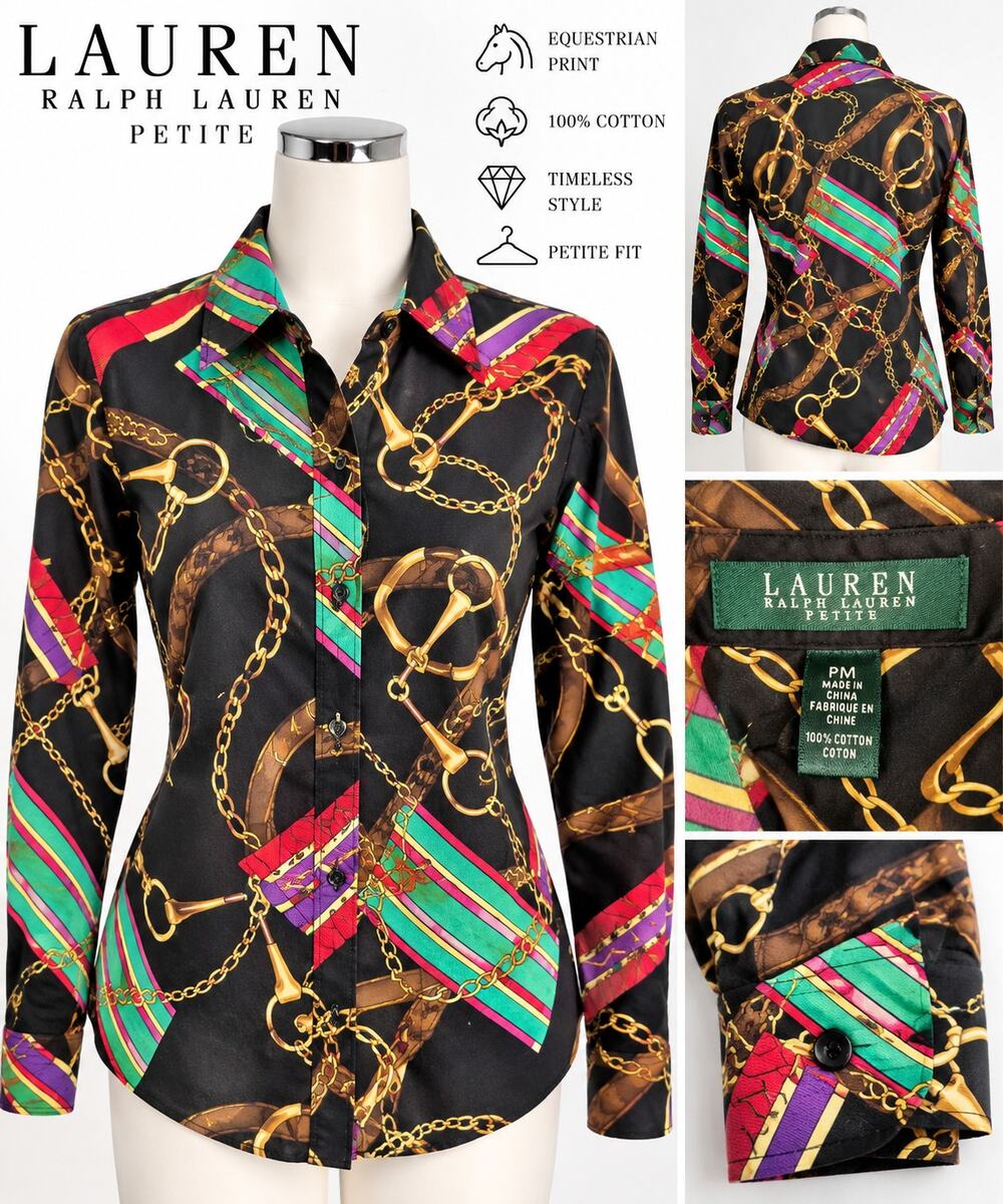 Lauren Ralph Lauren Petite PM Equestrian Horse Bit Chain Print Cotton Shirt